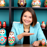 **

A professional woman, dressed in a stylish yet modest business suit, is presenting a new line of handcrafted Matryoshka dolls during a live commerce stream. The background features a cozy and brightly lit studio with shelves displaying various Russian souvenirs. She is smiling warmly and engaging with viewers, holding up one of the dolls.  Perfect anatomy, correct proportions, natural pose, well-formed hands, proper finger count, natural body proportions. Safe for work, appropriate content, fully clothed, professional. High quality, professional photography.

**