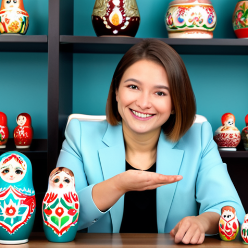 **

A professional woman, dressed in a stylish yet modest business suit, is presenting a new line of handcrafted Matryoshka dolls during a live commerce stream. The background features a cozy and brightly lit studio with shelves displaying various Russian souvenirs. She is smiling warmly and engaging with viewers, holding up one of the dolls.  Perfect anatomy, correct proportions, natural pose, well-formed hands, proper finger count, natural body proportions. Safe for work, appropriate content, fully clothed, professional. High quality, professional photography.

**