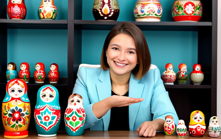**
A professional woman, dressed in a stylish yet modest business suit, is presenting a new line of handcrafted Matryoshka dolls during a live commerce stream. The background features a cozy and brightly lit studio with shelves displaying various Russian souvenirs. She is smiling warmly and engaging with viewers, holding up one of the dolls. Perfect anatomy, correct proportions, natural pose, well-formed hands, proper finger count, natural body proportions. Safe for work, appropriate content, fully clothed, professional. High quality, professional photography.
**
