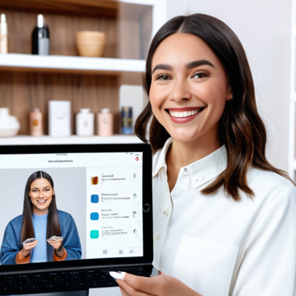 Live Stream Shopping Scene**
"A friendly female influencer in stylish, modest clothing, showcasing a new cosmetics product during a live stream. She is smiling and interacting with chat comments on a tablet. The background is a well-lit, comfortable home studio setup with shelves displaying various products. 'Sale!' banner visible. Perfect anatomy, well-formed hands, safe for work, appropriate content, fully clothed, professional."
**