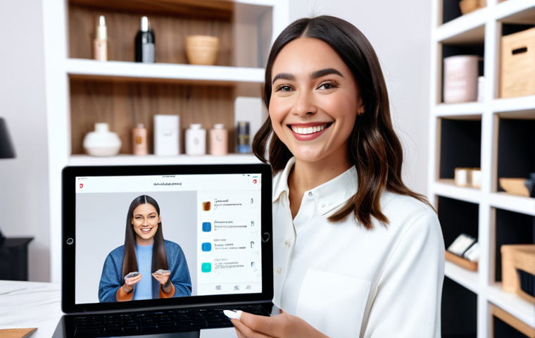 Live Stream Shopping Scene**
"A friendly female influencer in stylish, modest clothing, showcasing a new cosmetics product during a live stream. She is smiling and interacting with chat comments on a tablet. The background is a well-lit, comfortable home studio setup with shelves displaying various products. 'Sale!' banner visible. Perfect anatomy, well-formed hands, safe for work, appropriate content, fully clothed, professional."
**